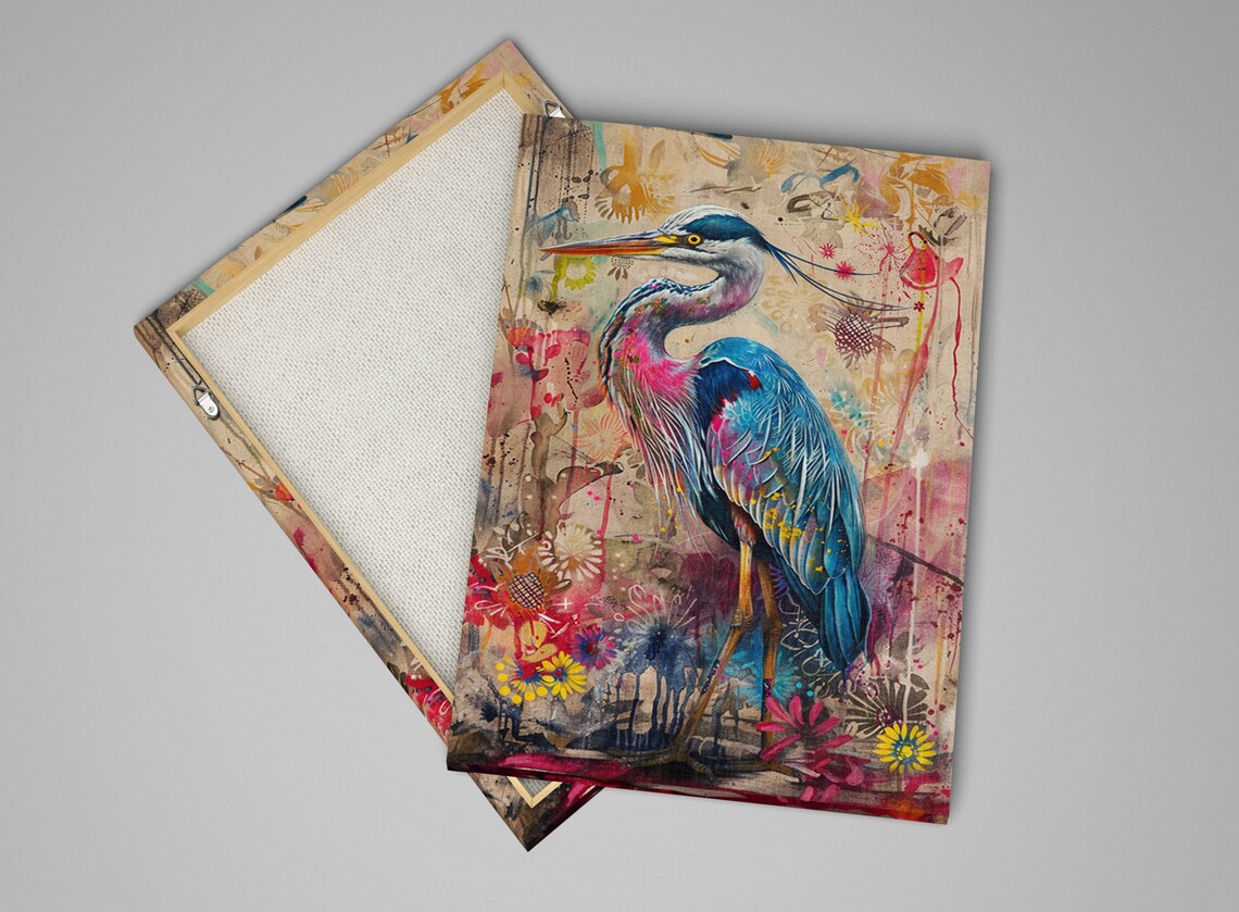 Elegant Blue Heron Among Flowers Wall Art Print - Image 4