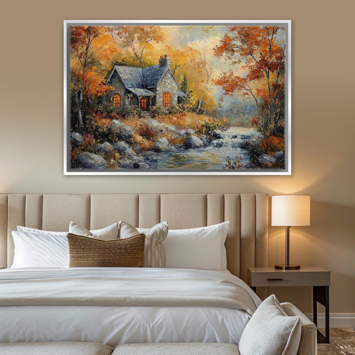 Quaint Stone Cottage Autumn Fall Landscape Stream Warm Glow Wall Art