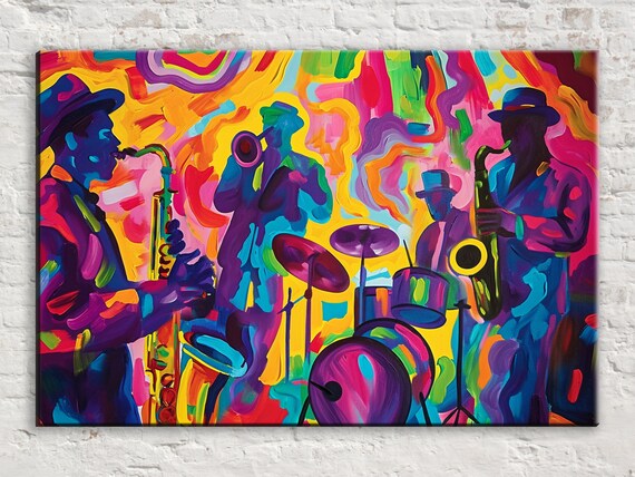 Abstract Neon Jazz Ensemble Silhouette Musicians Rainbow Stage Art Poster