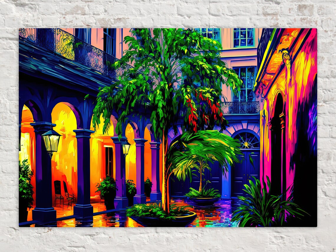 New Orleans French Quarter Courtyard Night Colorful NOLA Travel Poster