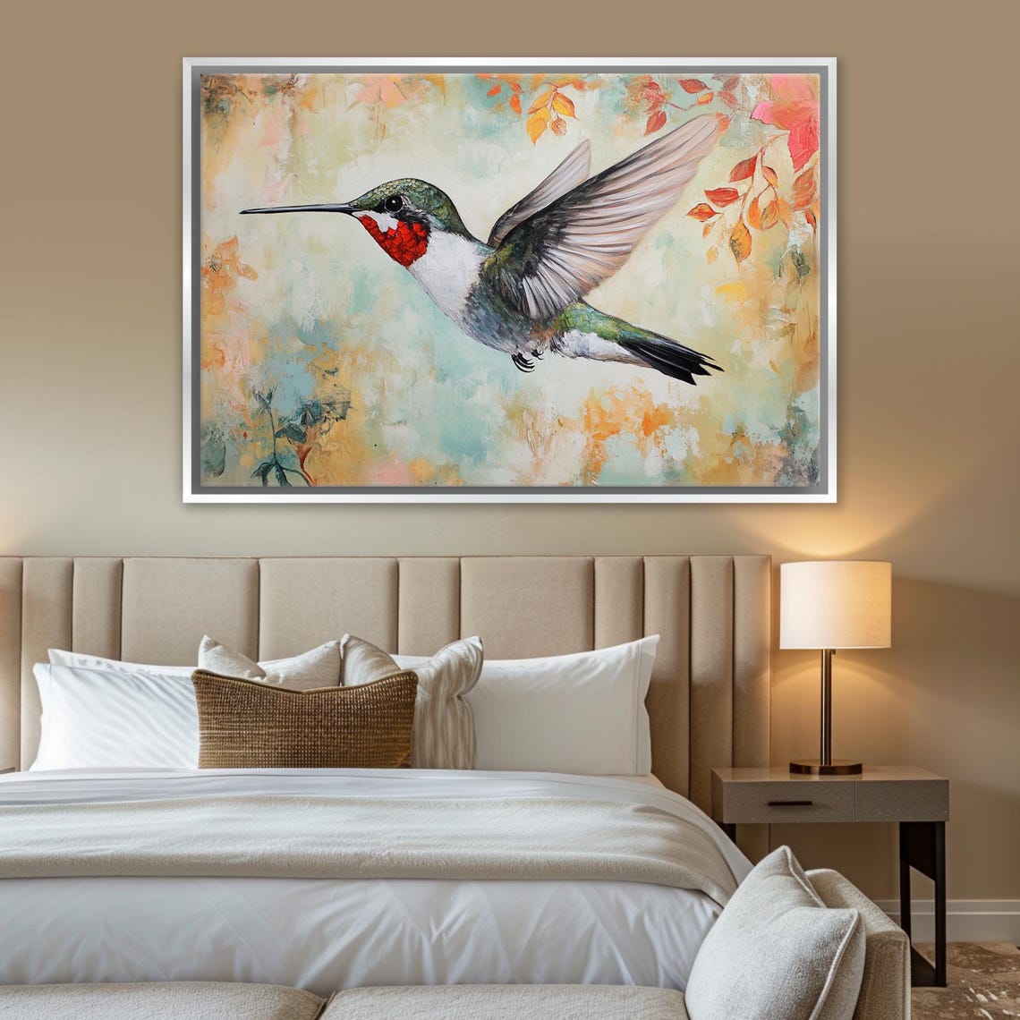 Hummingbird In Flight Watercolor Soft Floral Background Bird Wall Art