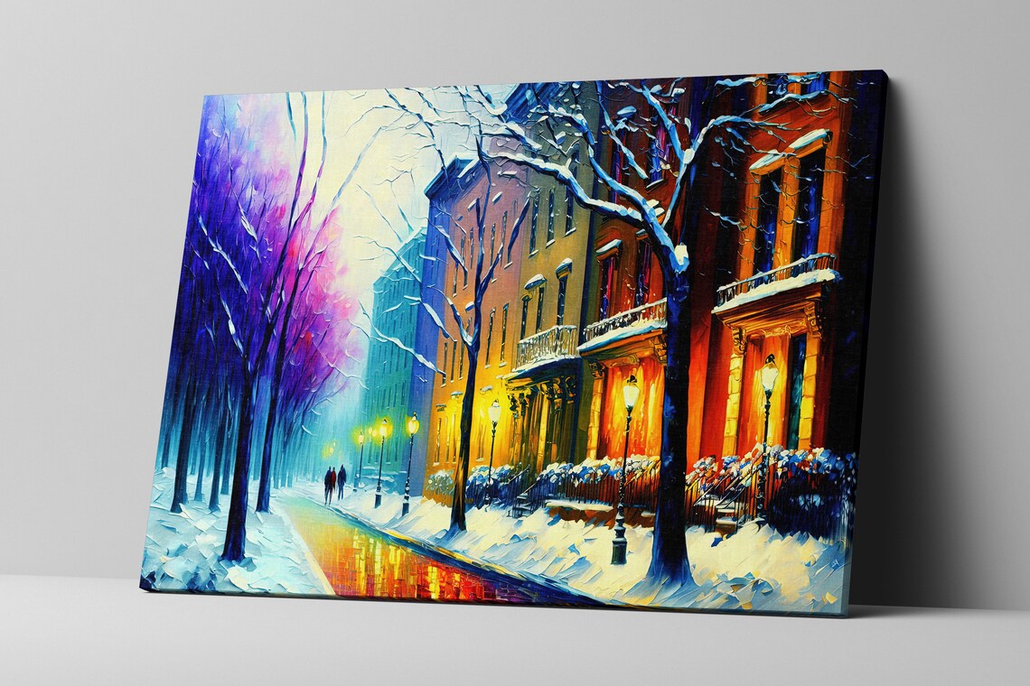 Winter Snowy City Street Brownstone Houses Lamp Glow Evening Poster - Image 4