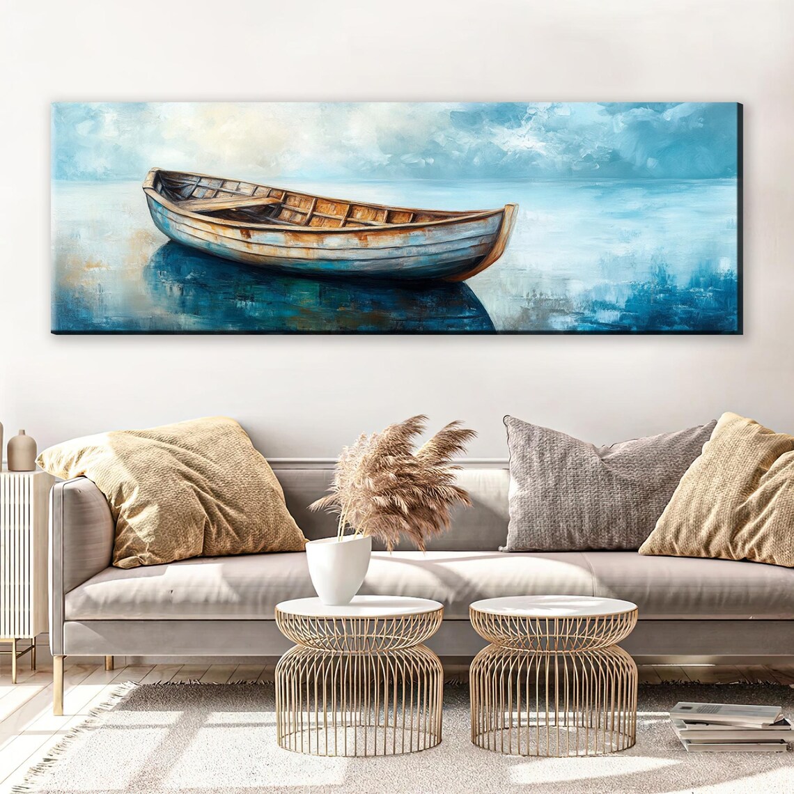 Vintage Wooden Boat Calm Blue Sea Serene Panoramic Coastal Horizontal Print - Image 4