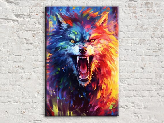 Snarling Wolf Split Blue Orange Pop Art Fangs Bared Bold Painting Print