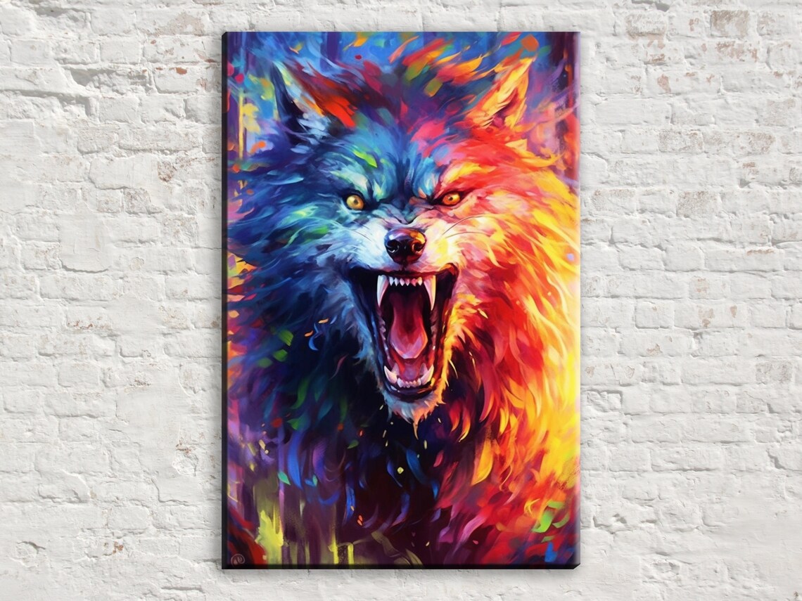 Snarling Wolf Split Blue Orange Pop Art Fangs Bared Bold Painting Print