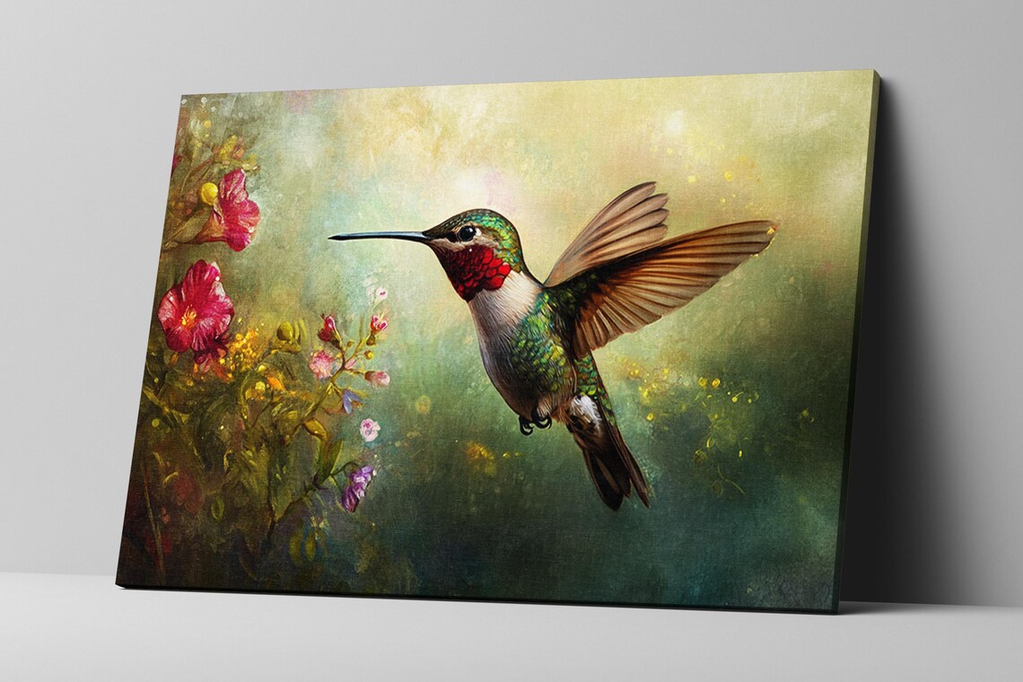 Hummingbird In Flight Oil Painting Style With Pink Flowers Bird Art - Image 3