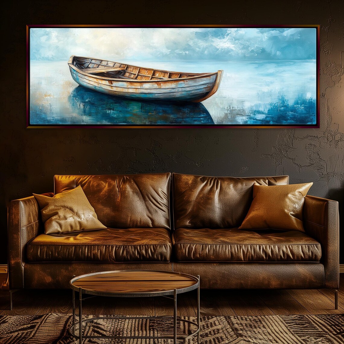 Vintage Wooden Boat Calm Blue Sea Serene Panoramic Coastal Horizontal Print - Image 5