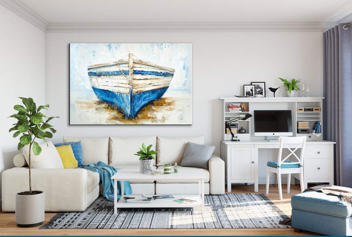 Rustic Blue White Wooden Rowboat Bow Weathered Coastal Nautical Poster - Image 2