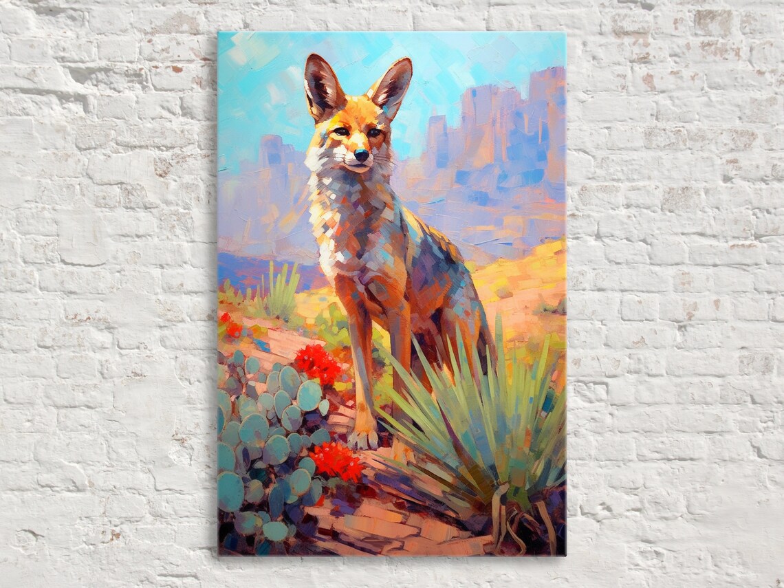 Colorful Desert Fox Southwest Wildlife Painting Cactus Canyon Scene Large Wall Art
