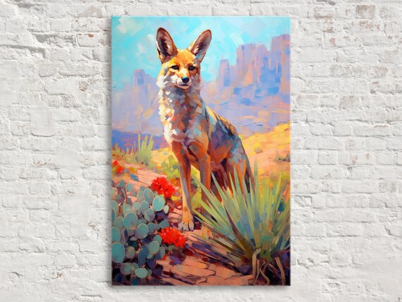 Colorful Desert Fox Southwest Wildlife Painting Cactus Canyon Scene Large Wall Art