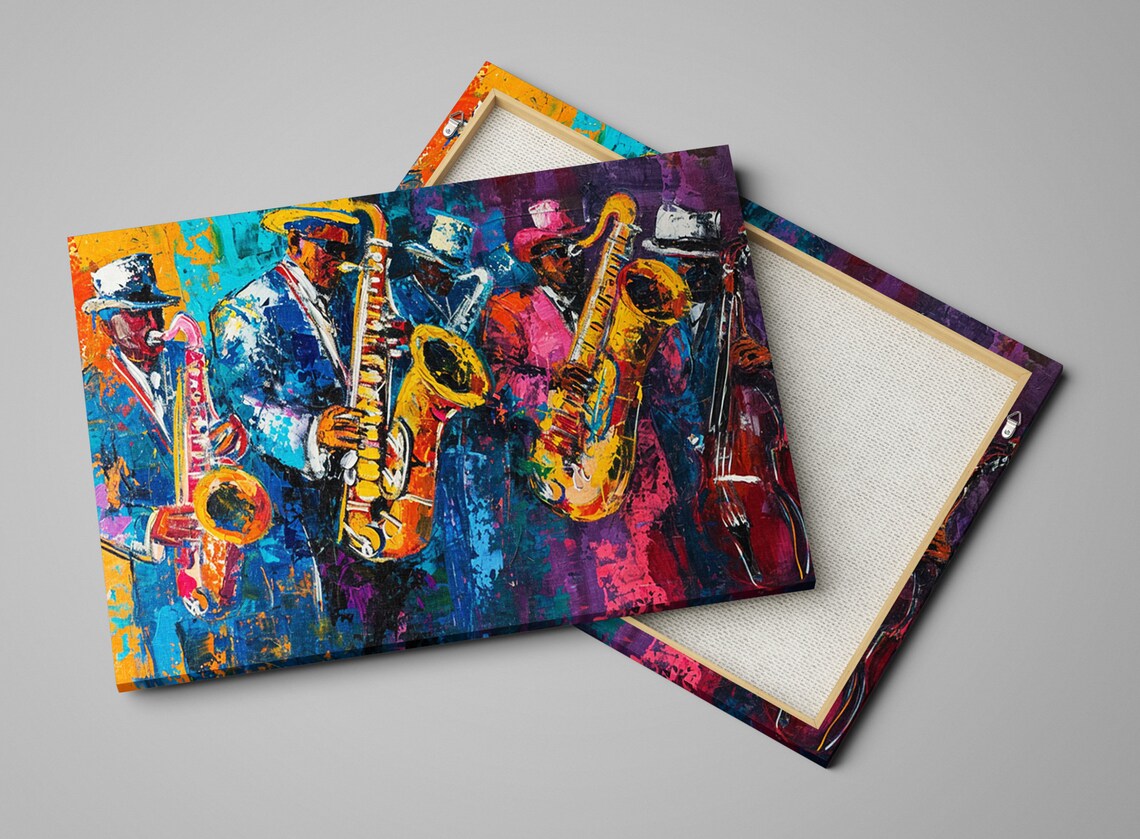Vibrant Saxophone Jazz Band Five Musicians Suits Hats Colorful Art Poster - Image 4