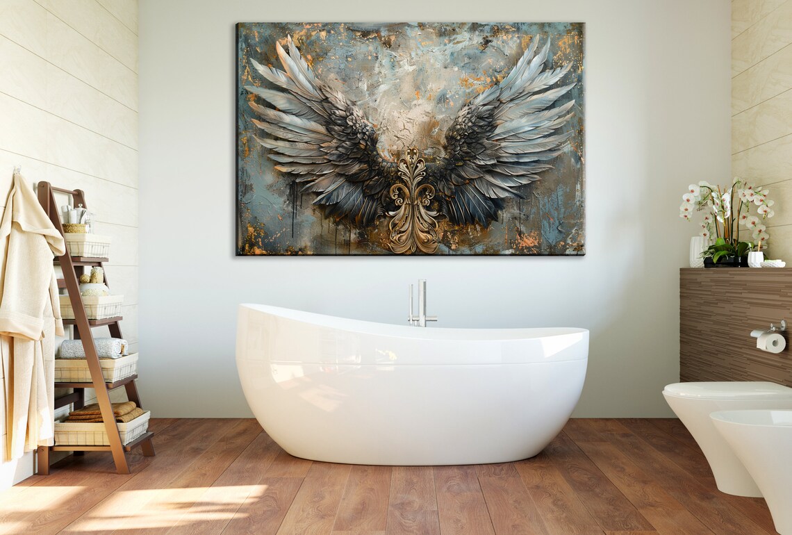 Gold and Blue Angel Wings, Ornate Feathers Art Print - Image 3