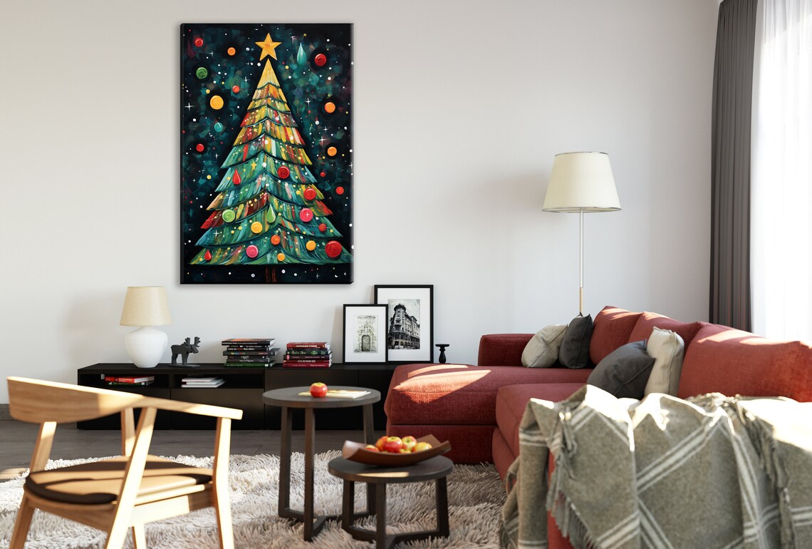 Festive Boho Christmas Tree Colorful Ornaments Starry Night Art Print - Image 4