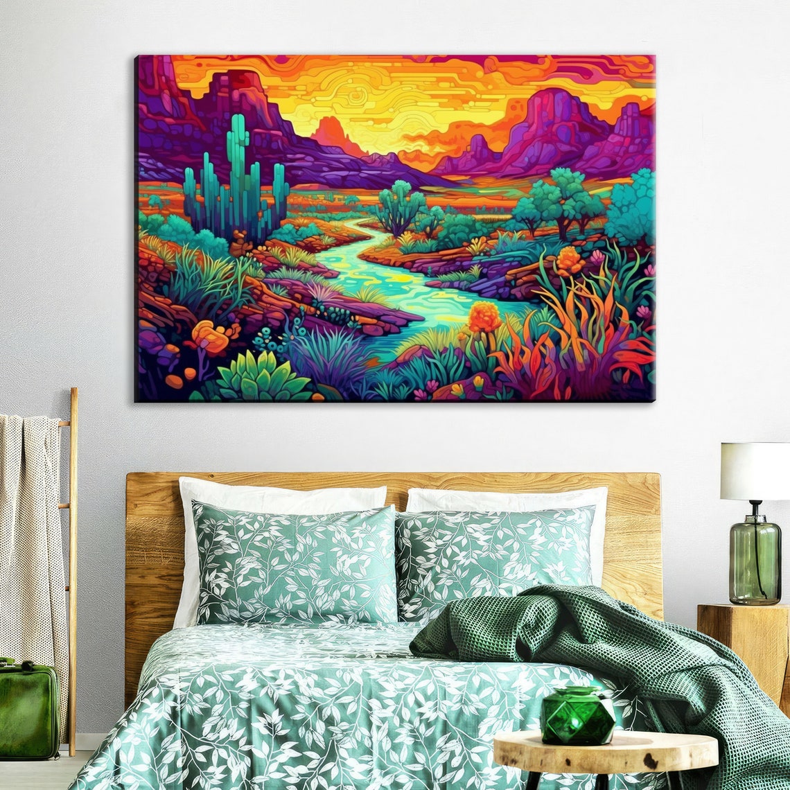 Neon Desert Arizona New Mexico Utah Texas Phad Art Style Landscape Painting Print Large - Image 2
