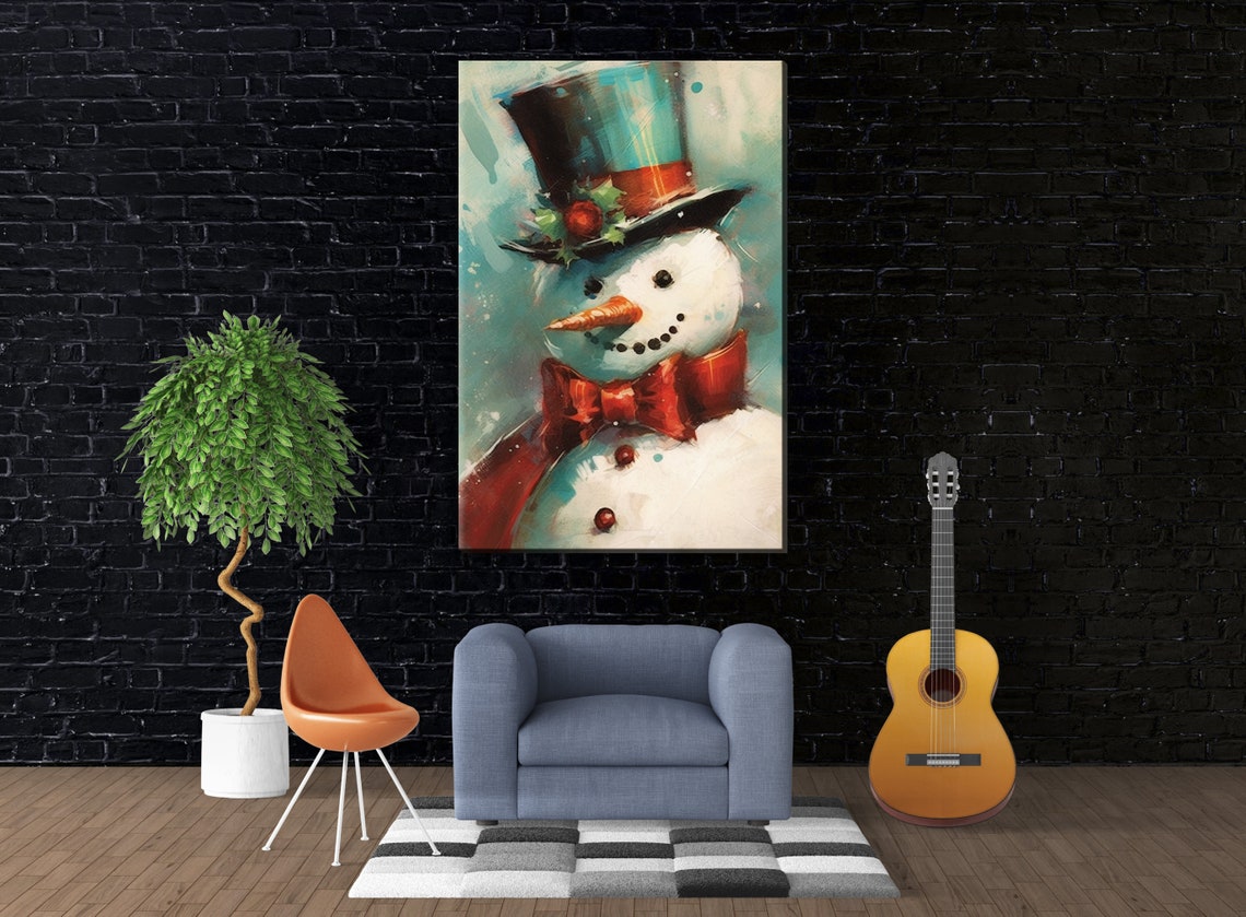 Vintage Frosty Snowman Top Hat Red Bow Tie Classic Christmas Art Print - Image 4