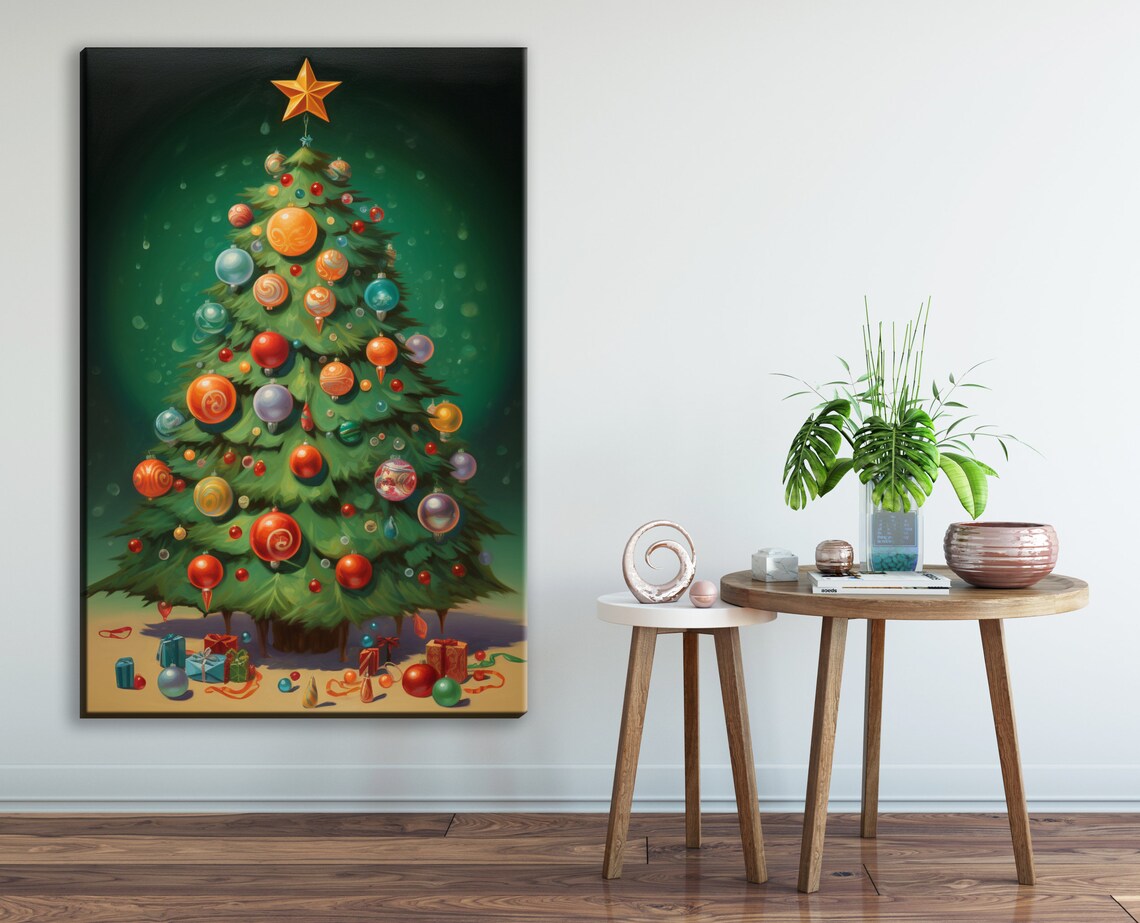 Festive Holiday Tree Illustration Giclee Print On Gallery Wrapped Artist Ready To Hang Available In Extra Large Sizes - Image 2