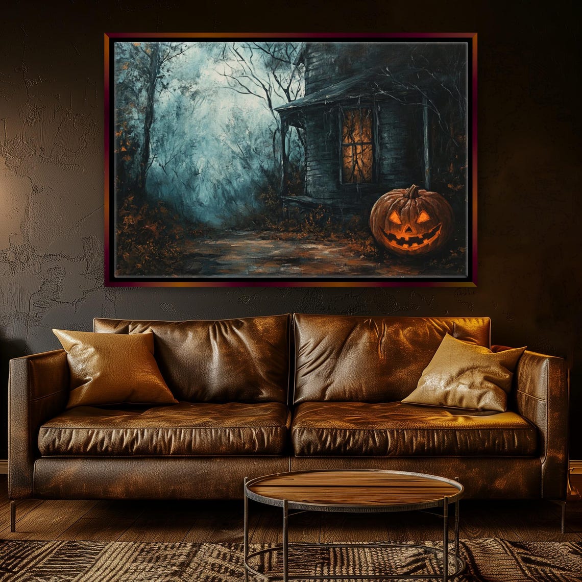 Haunted Halloween House Jack O Lantern Misty Night Spooky Wall Art