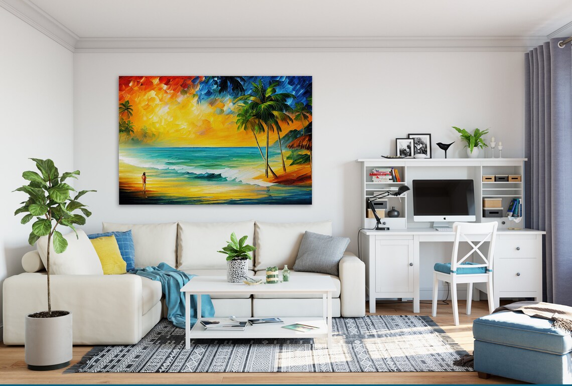 Tropical Sunset Beach Lone Figure Palm Trees Golden Ocean Poster - Image 3