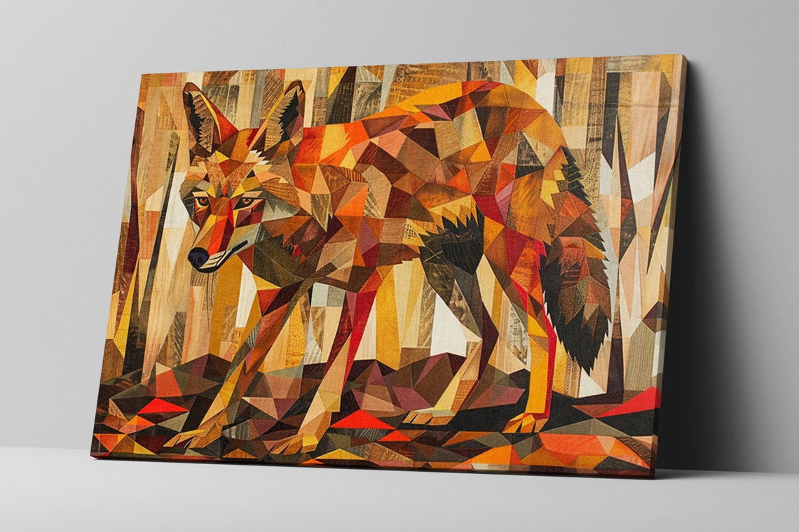 Geometric Low Poly Coyote Walking Forest Warm Orange Brown Art Poster - Image 4