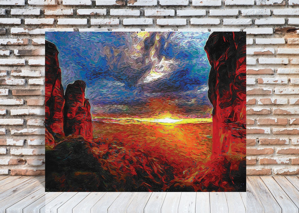 Fiery Desert Canyon Sunset Orange Cliffs Impressionist Art Poster - Image 4