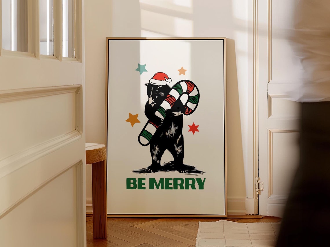 Be Merry Christmas Bear With Candy Cane Retro Holiday Poster