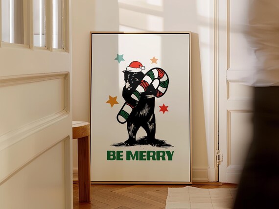 Be Merry Christmas Bear With Candy Cane Retro Holiday Poster