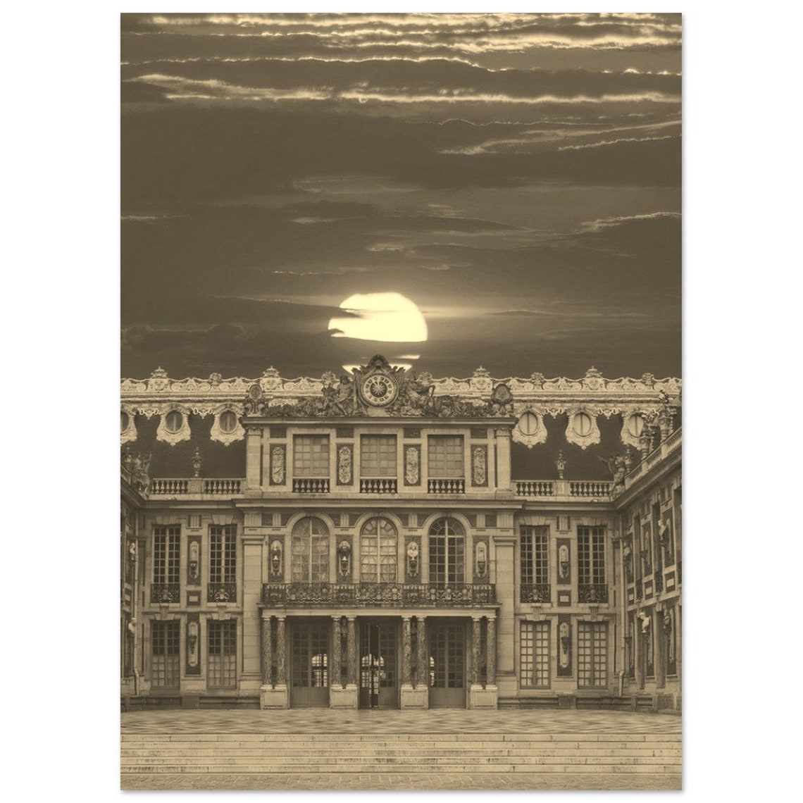 Versailles Royal Palace France Dusk Sepia Vintage Travel Poster