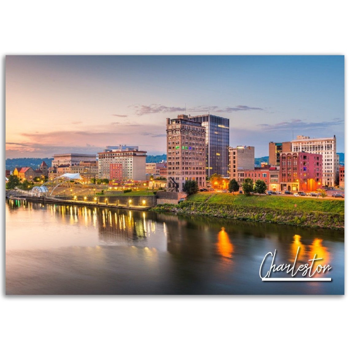 Charleston West Virginia Skyline River Sunset Travel Art Poster
