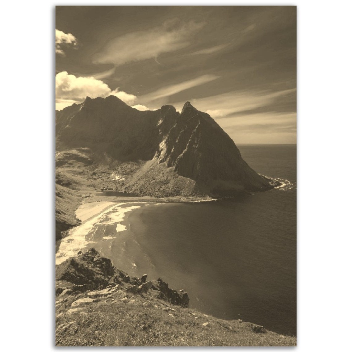 Vintage Lofoten Islands Norway Mountain Coast Sepia Travel Poster