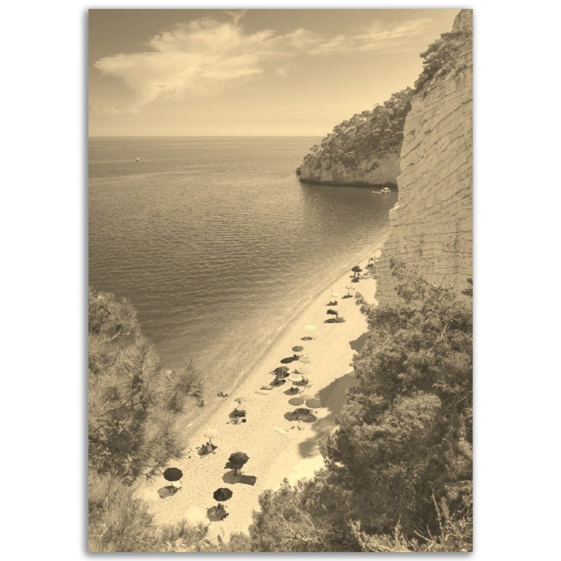 Vintage Puglia Beach Cliff Umbrellas Sepia Italian Travel Poster