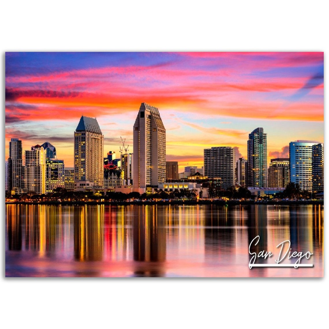 San Diego California Skyline Sunset Waterfront Reflection Poster