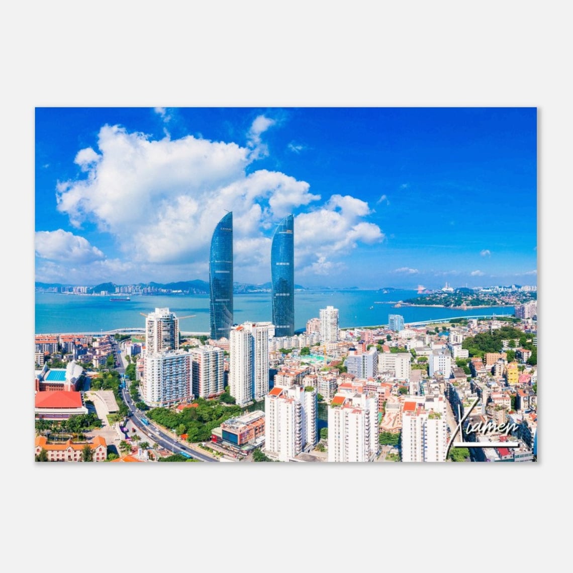 Coastal Xiamen China Twin Towers Bay Aerial Cityscape Travel Poster