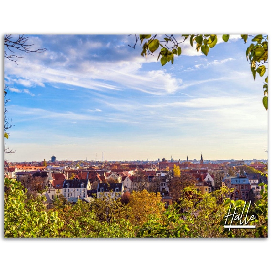 Halle Germany Autumn City Skyline Rooftops Blue Sky Travel Poster