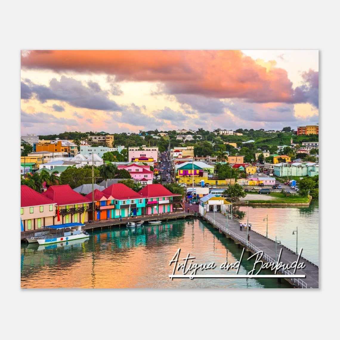 St Johns Antigua Harbor Sunset Colorful Waterfront View Poster