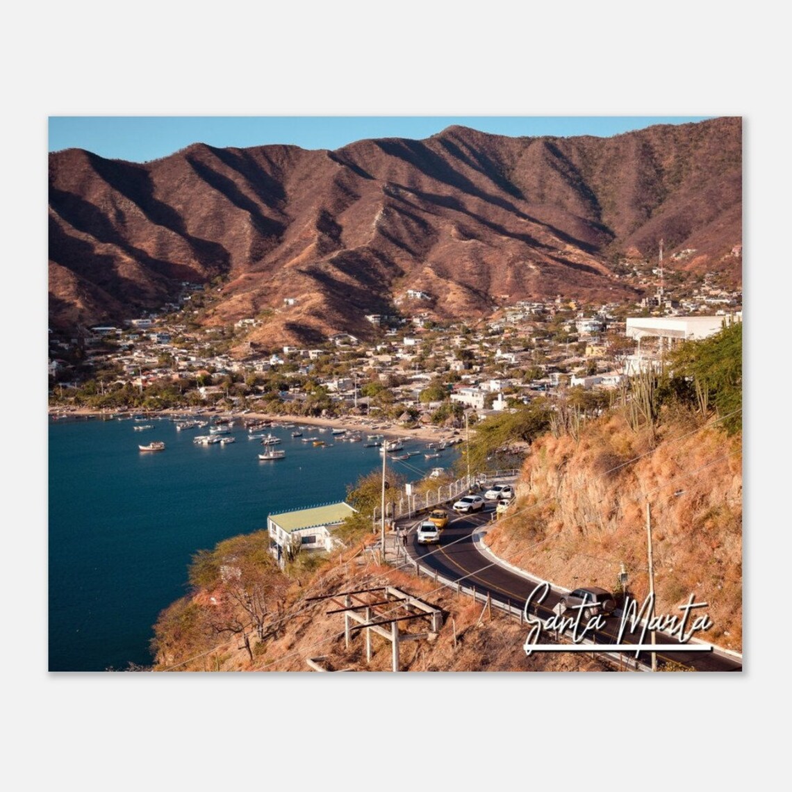 Santa Marta Colombia Travel Poster with Coastal Mountain Bay View