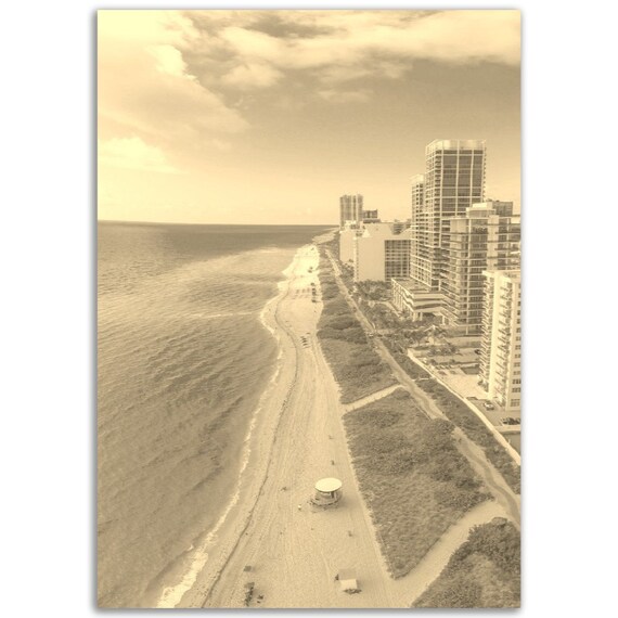 Miami Beach Aerial Skyline Vintage Sepia Florida Travel Poster