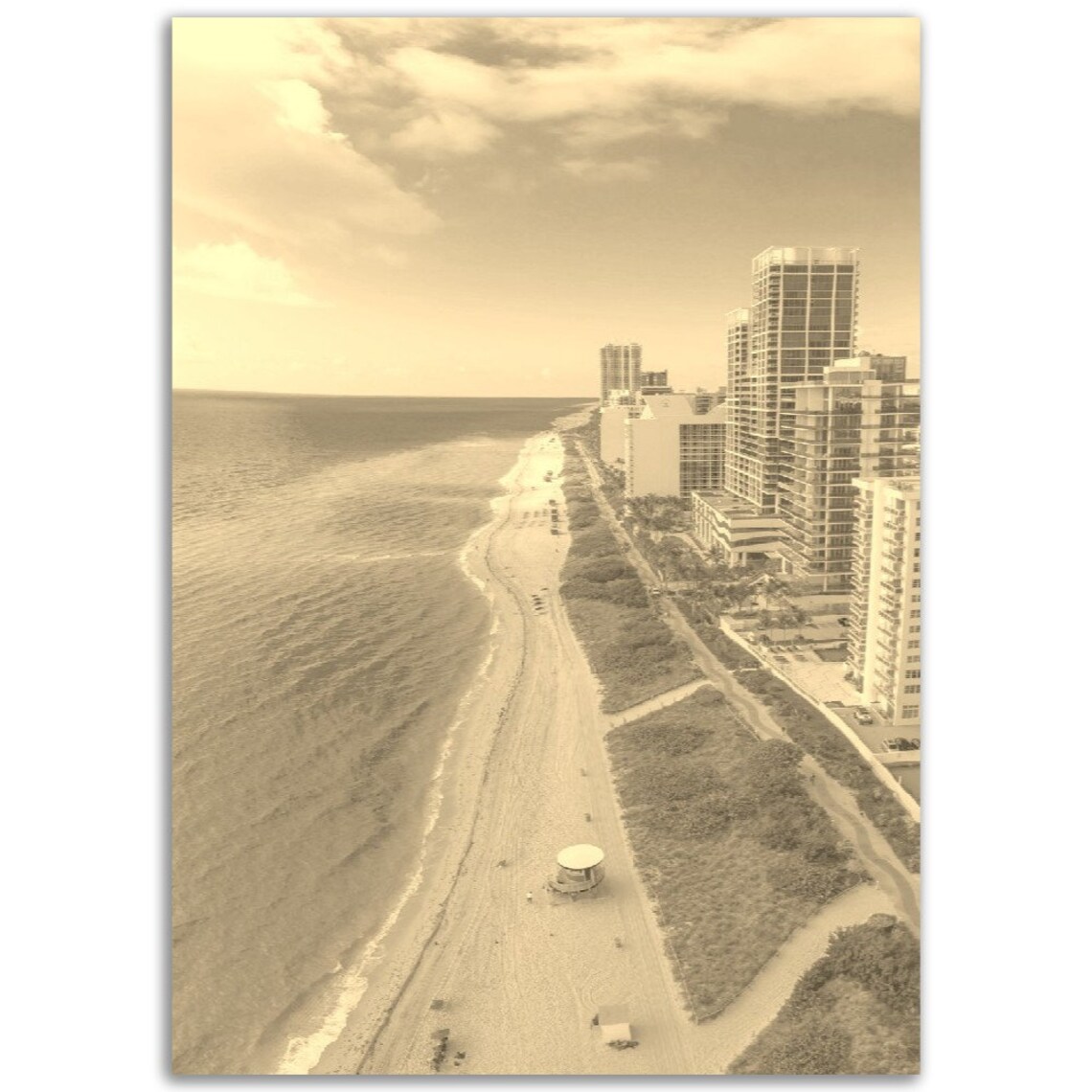 Miami Beach Aerial Skyline Vintage Sepia Florida Travel Poster