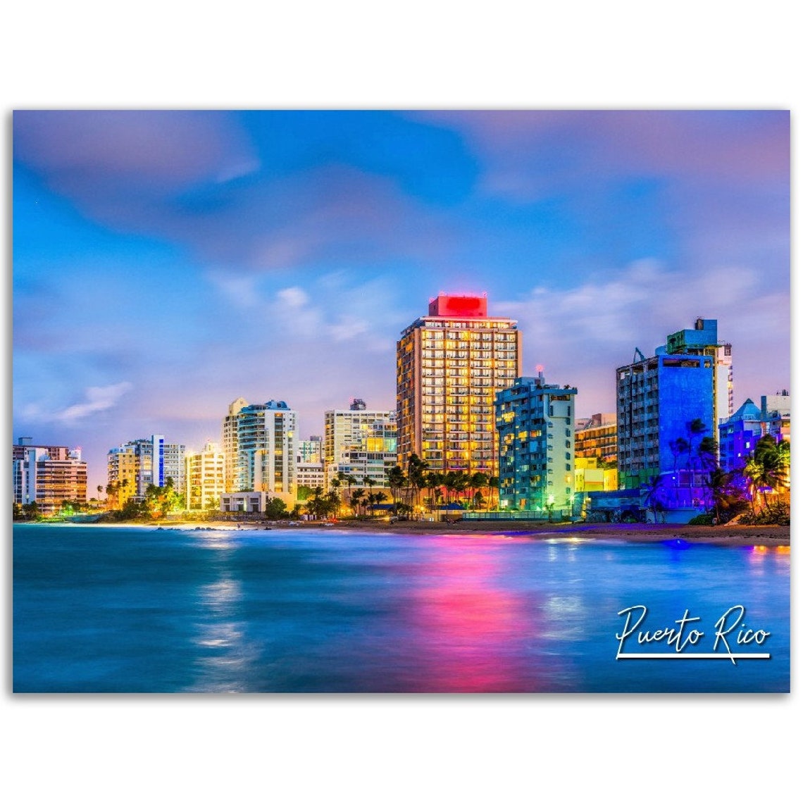 Puerto Rico City Skyline Beachfront Dusk Caribbean Travel Poster