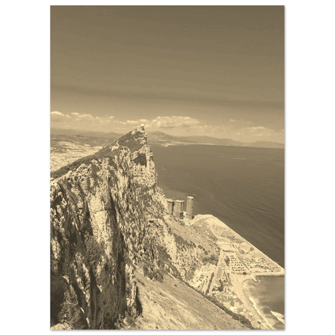 Rock of Gibraltar Sepia Aerial Cliffs Coast Vintage Photo Poster