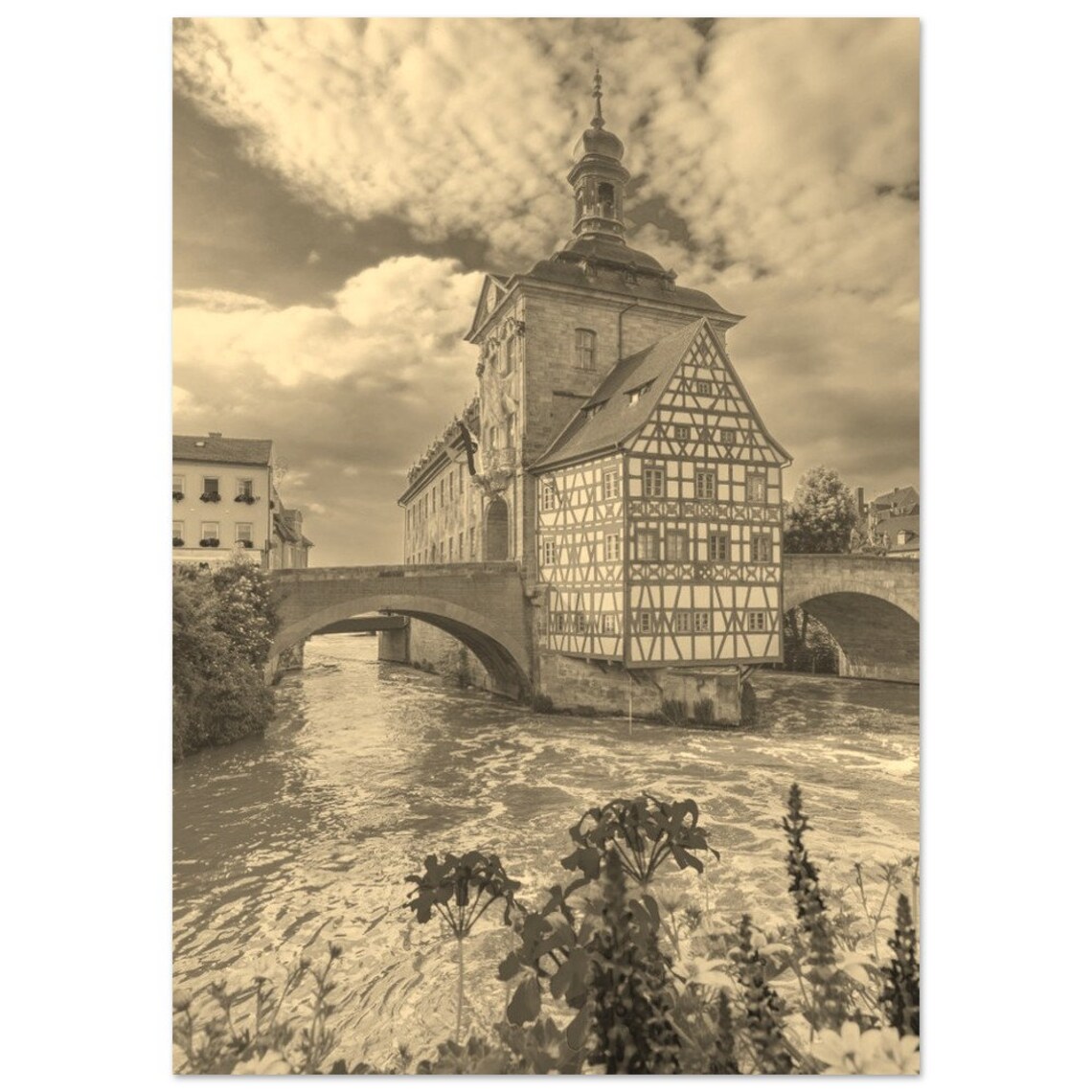 Bamberg Germany Old Town Hall River Bridge Vintage Sepia Poster