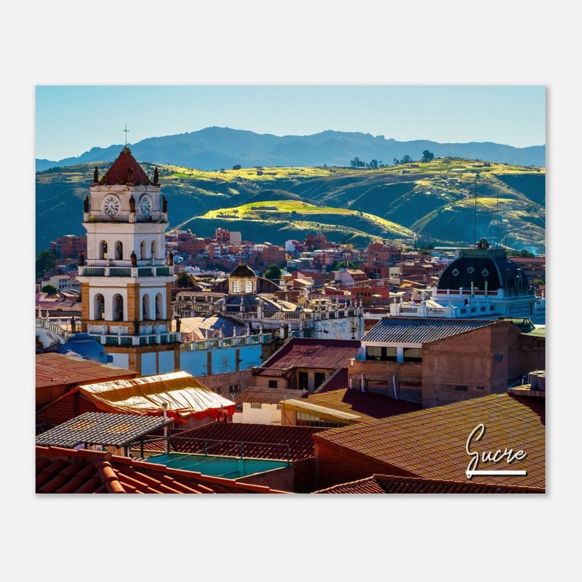 Sucre Bolivia Travel Poster with Colonial Clock Tower City View