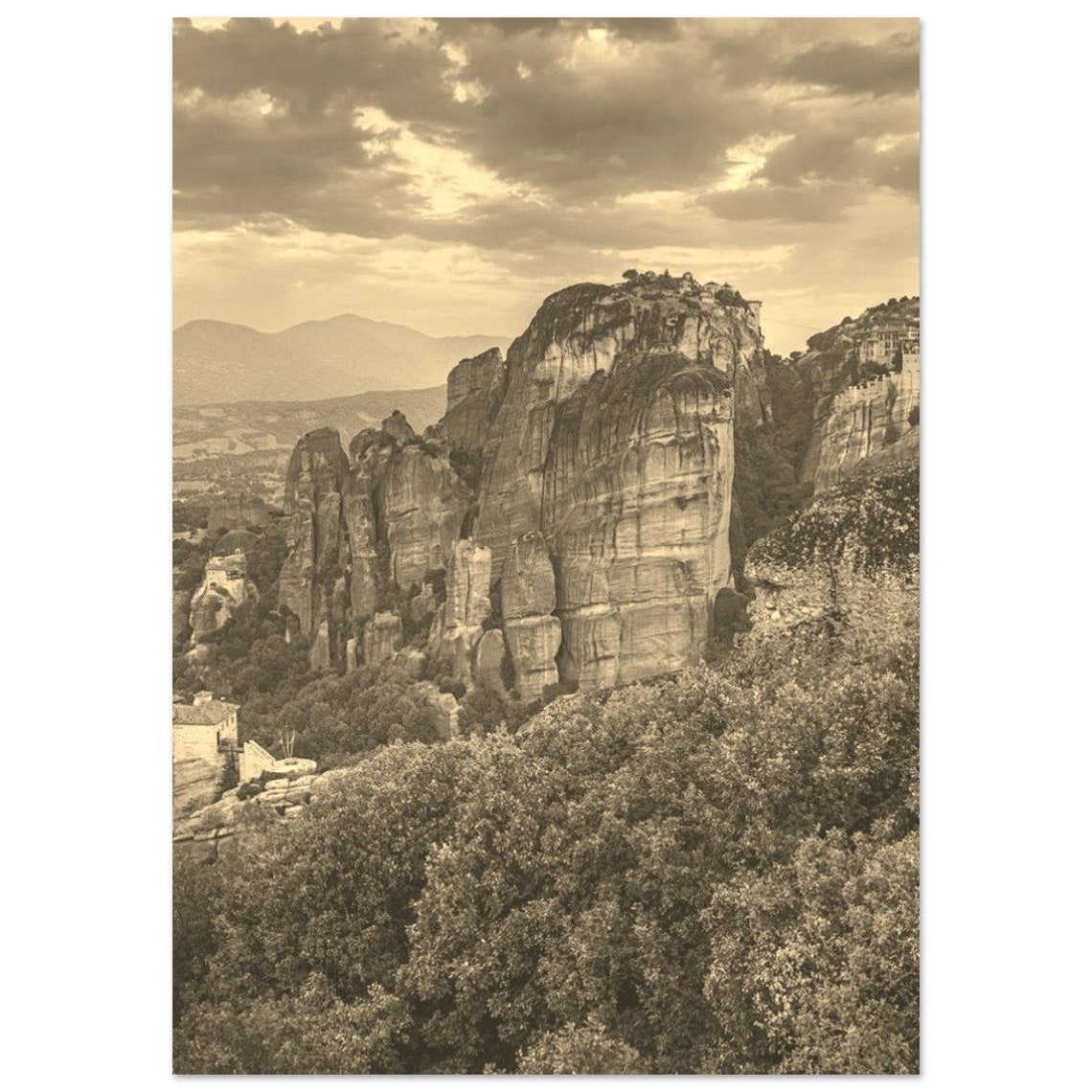 Meteora Greece Vintage Sepia Rock Monastery Cliffs View Poster