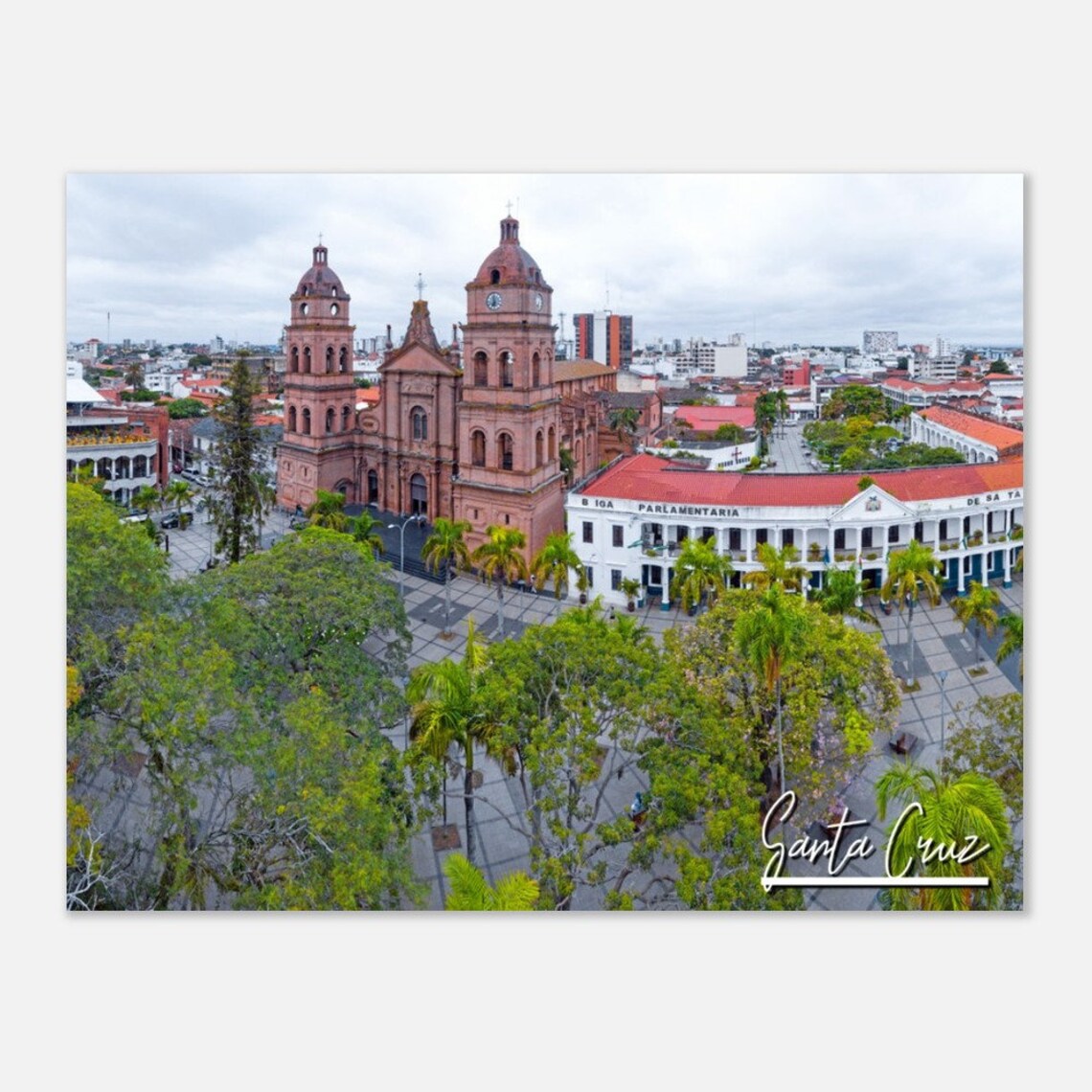 Santa Cruz Bolivia Poster Colonial Cathedral Aerial Cityscape Art