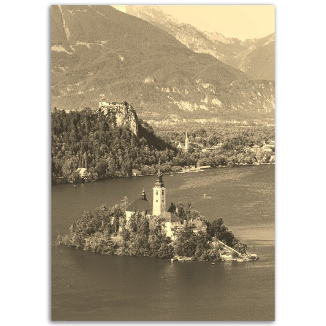 Lake Bled Island Church Slovenia Vintage Sepia Travel Photo Poster