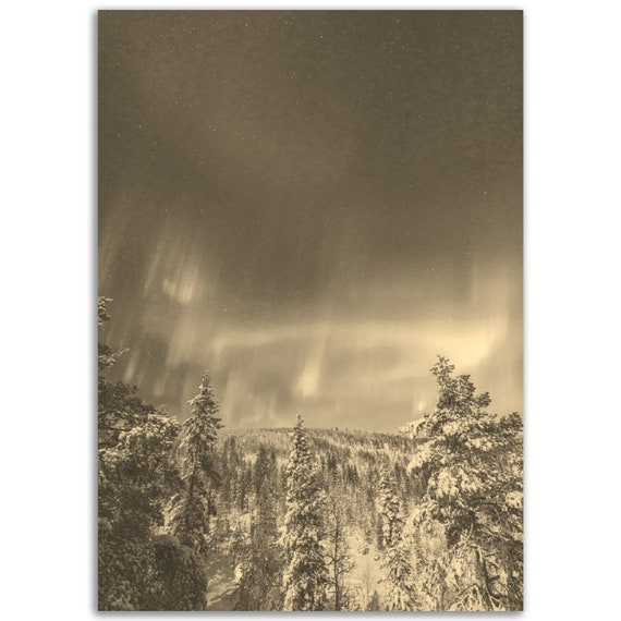 Vintage Lapland Winter Poster Sepia Northern Lights Print
