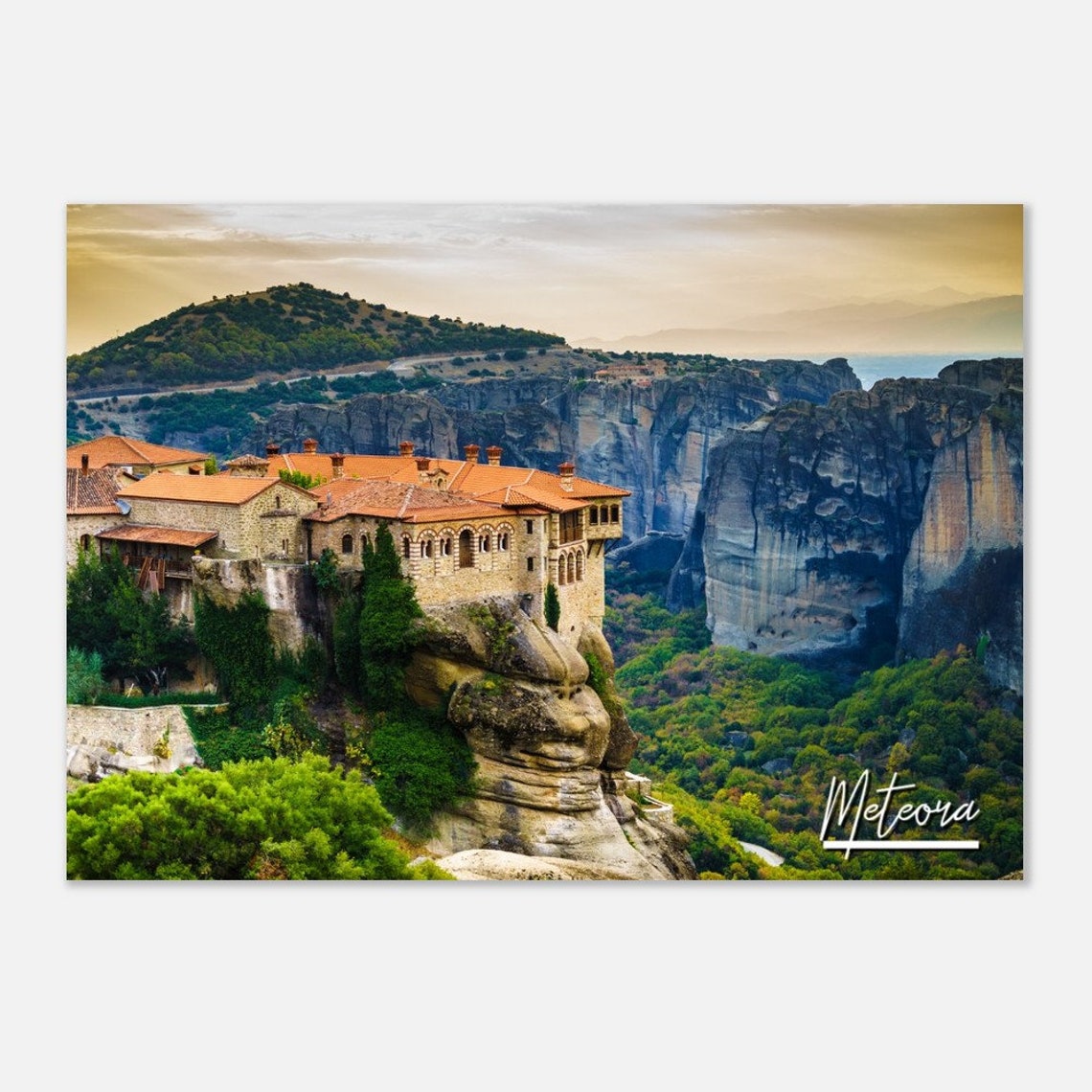 Meteora Greece Monasteries Rocky Cliffs Sunset Landscape Poster