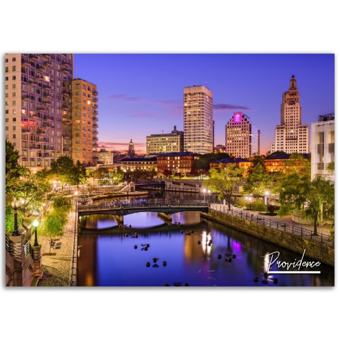 Providence Rhode Island Night Skyline River Bridge Travel Poster