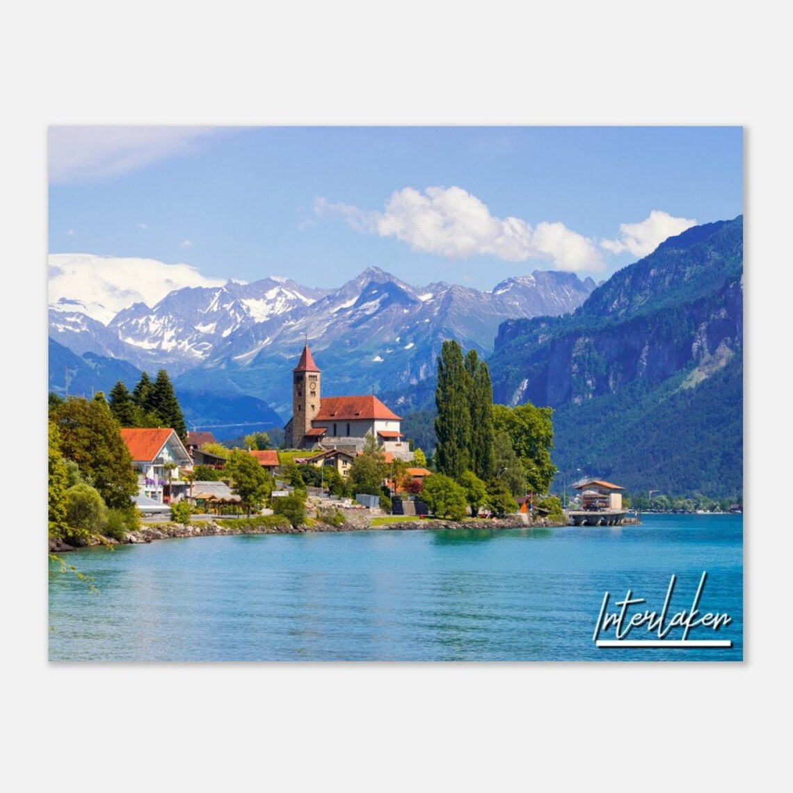 Interlaken Switzerland Swiss Alps Lakeside Church Travel Photo Poster