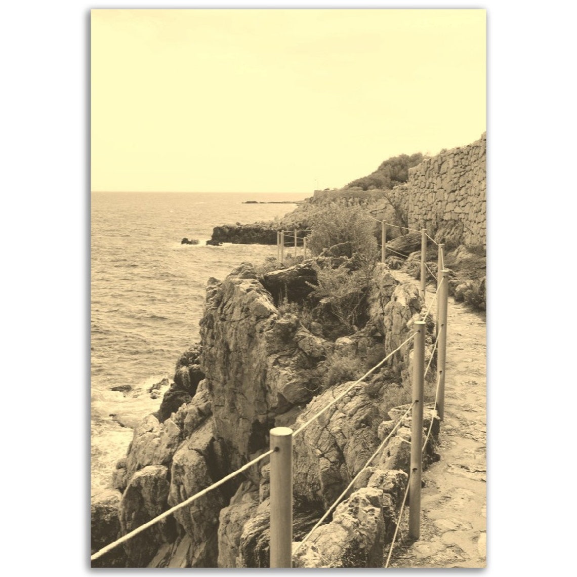 Sepia Coastal Cliff Walkway Vintage Black White Travel Poster