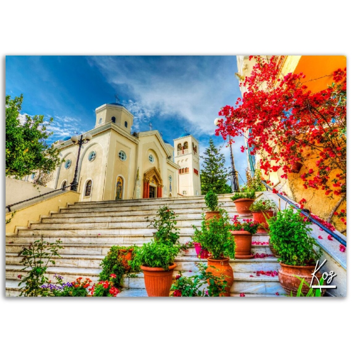 Kos Greece Church Steps Bougainvillea Island Travel Photo Poster